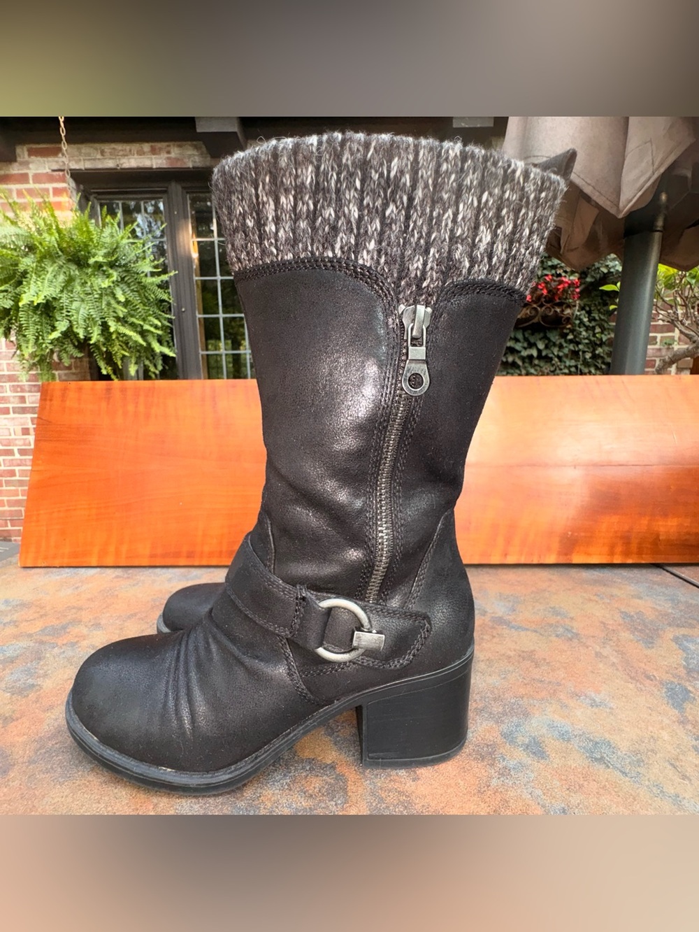 BareTraps Womens Black Mid Calf Boots Sweater Cuff Side Zip Block Heel Size 6